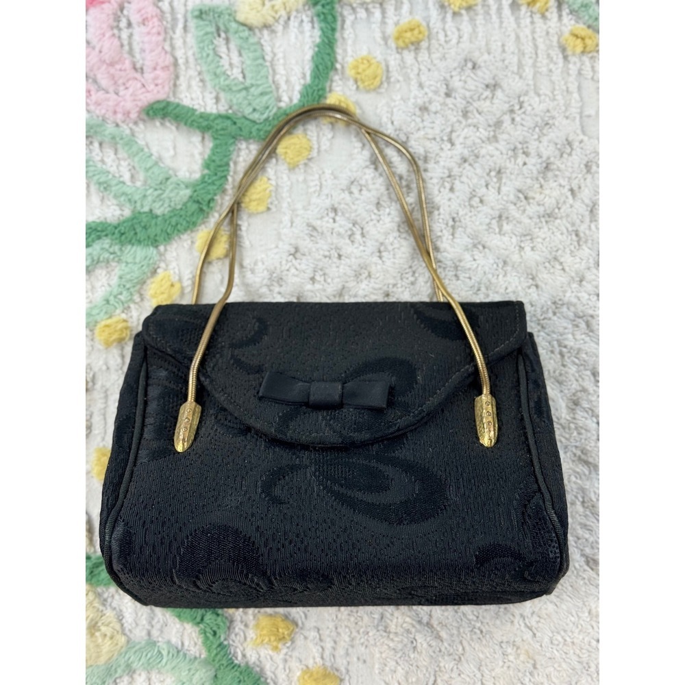 Vintage‎ Garay Black Jacquard Evening Bag Gold Snake Chain Strap Bow  Clutch - Picture 2 of 8